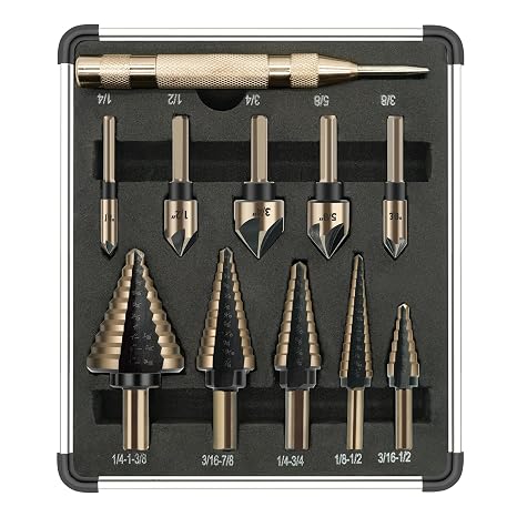 GMTOOLS 5Pcs Step Drill Bit & 5Pcs Countersink Drill Bit Set, Titanium Coated, 50 Sizes of Step Bit for Metal with Aluminum Case, Multiple Hole Stepped Up Bits for DIY