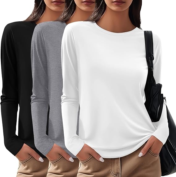 3 Pack Womens Cotton Long Sleeve Shirts Crew Neck Top