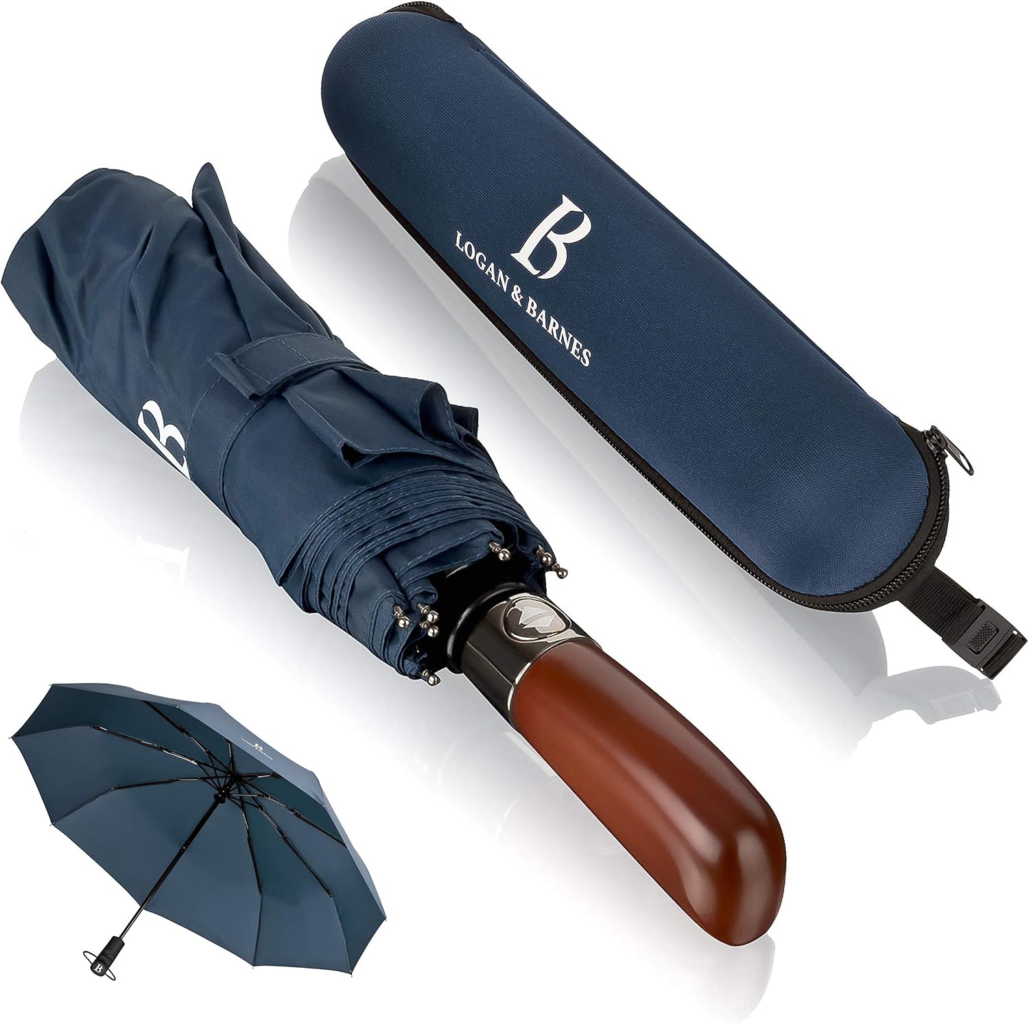 logan & barnes umbrella storm-proof up to 140 km  h - pocket umbrella with real wooden handle and certified teflon coating against moisture damage model dublin