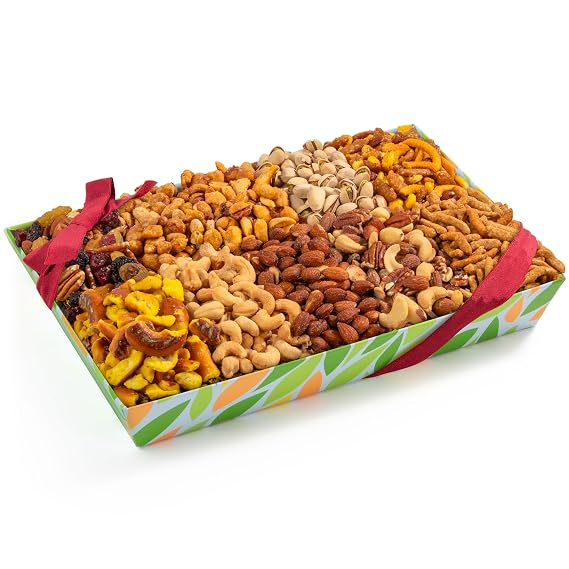 A Gift Inside Gourmet Nuts and Snack Gift Basket Assorted Mixed Nuts, Almonds, Pistachios, Cashews, Trail Mix, Cheese Crisps & Snacks in Reusable Seagrass Basket