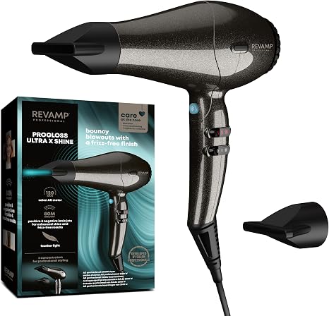 REVAMP Featherlite Ultra X Shine Ionic Hair Dryer - Professional Hair Dryer High Performance AC Motor Powerful Airflow Fast Blow Drying Lightweight Cold Stage 2 Attachments