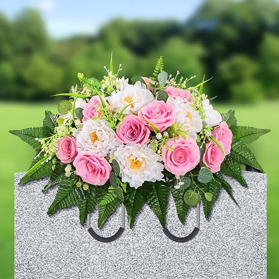 Yastouay Headstone Flower Saddle, Artificial Cemetery Flowers for Grave, Realistic Memorial Day Flowers with Peony Rose, UV Resistant Grave Decorations for Cemetery, Easter Mothers Day (Pink)