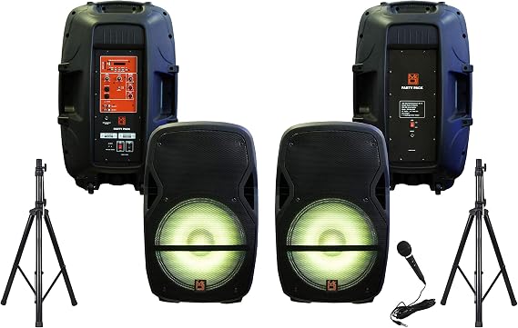 Mr DJ PARTY PACK 15" Powered PA DJ Speakers Bluetooth System Mic Stands Cables