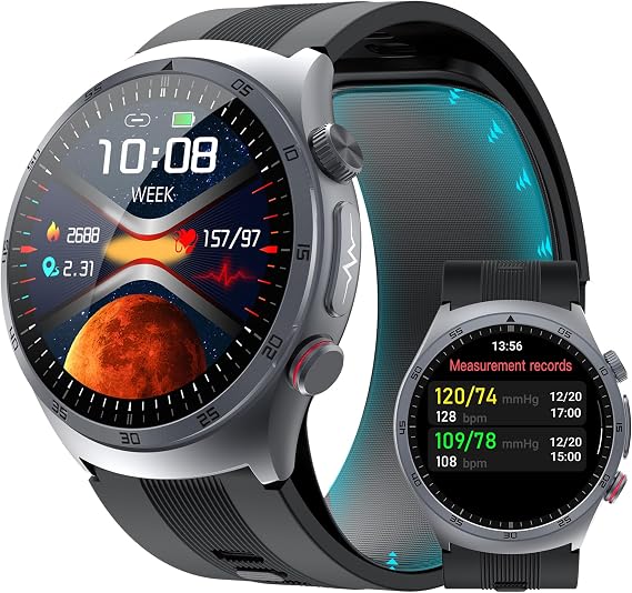 Yowow BIT Blood Pressure Smart Watch with Air Pump Airbag,Voice Broadcast (Answer/Make Calls), 1.43" AMOLED Fitness Tracker, Heart Rate/SpO2/Temperature/Sleep Monitor/Pedometer, Data Sharing