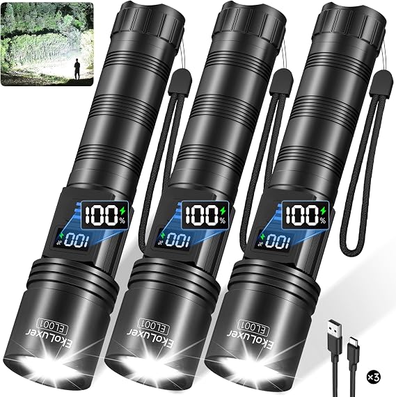 3Pack Rechargeable Flashlights 10000 High Lumens, Super Bright Flashlight with LCD Digital Display, 5Modes Adjustable LED Flashlight Tactical Flashlights High Powered, Flash Lights for Emergency