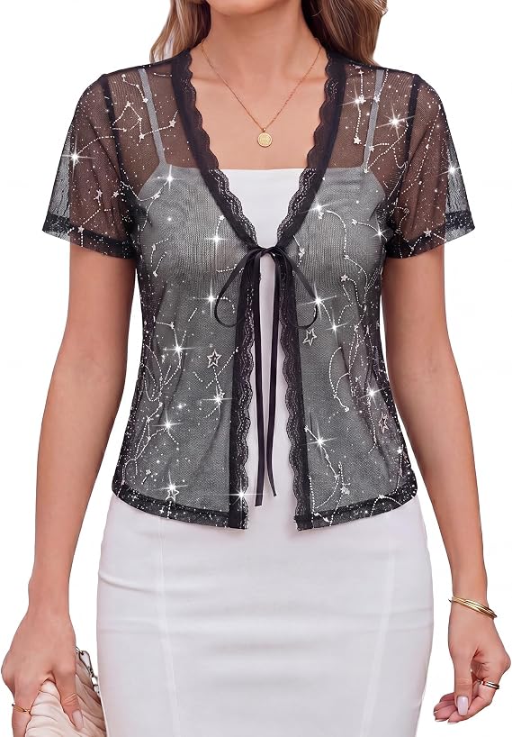 FEMLE Women Sparkly Sheer Mesh Tie Front Y2K Crop Shrug Tops for Dress
