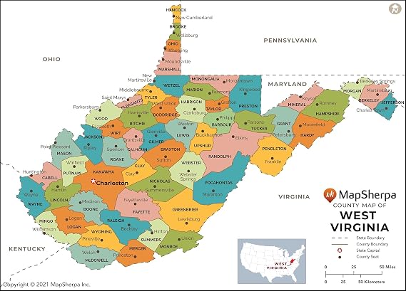 West Virginia Counties Map - Large - 48" x 34.75" Laminated