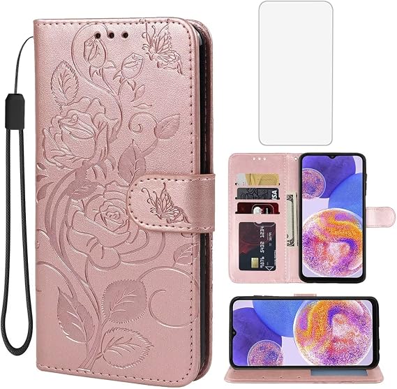 Case for Galaxy A23 Case, Samsung A23 SM-A235M Wallet Case with Tempered Glass Screen Protector, Leather Flip Credit Card Holder Stand Phone Cover Cases for Samsung Galaxy A23 4G Rose Gold
