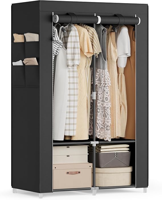 SONGMICS Clothes Wardrobe, 2 Hanging Rails, Shelves, 86 x 45 x 167 cm
