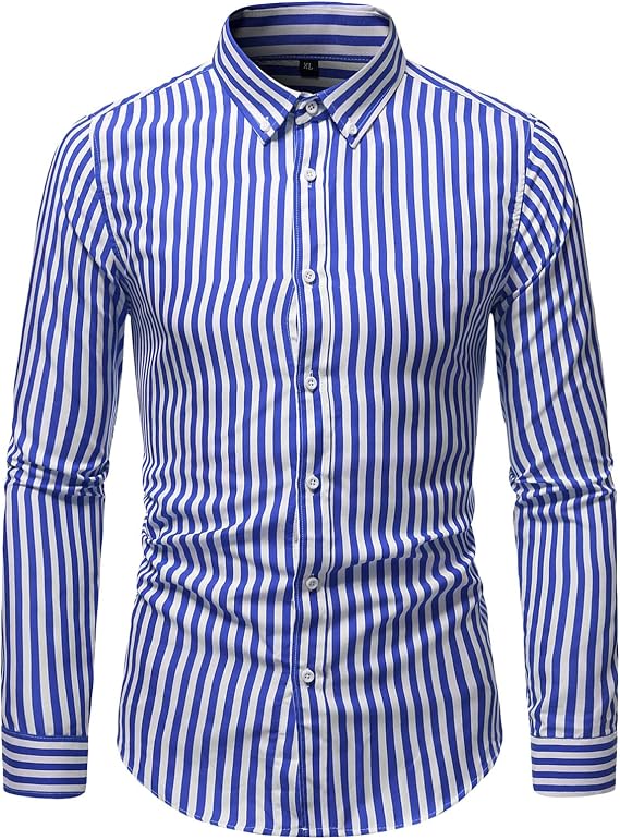 Men's Long Sleeve Spring Stripe Printed Shirt Thin Casual Slim Striped Shirt Fit Pinstriped Button Down Shirts (Blue,Large)