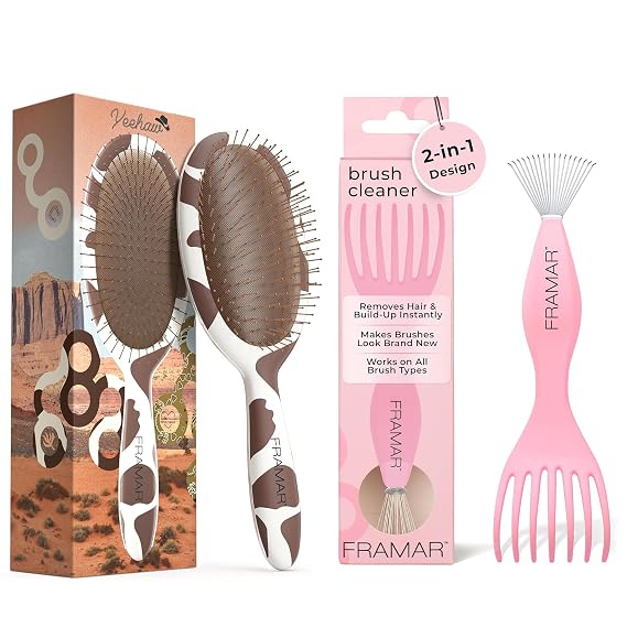 FRAMAR Cow Print Hair Brush Detangler, Detangling Hairbrush For Women - Premium Hair Brush Cleaner Tool Hairbrush Cleaner Tool