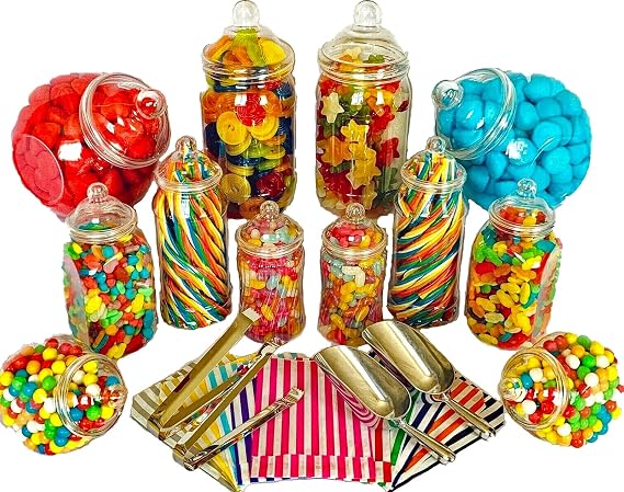 JUMBO 12 Assorted Jars 2 Scoops, 2 Tongs, 100 Bags - Vintage Victorian Pick & Mix Sweet Shop Candy Buffet Kit Party Pack (AQUA)