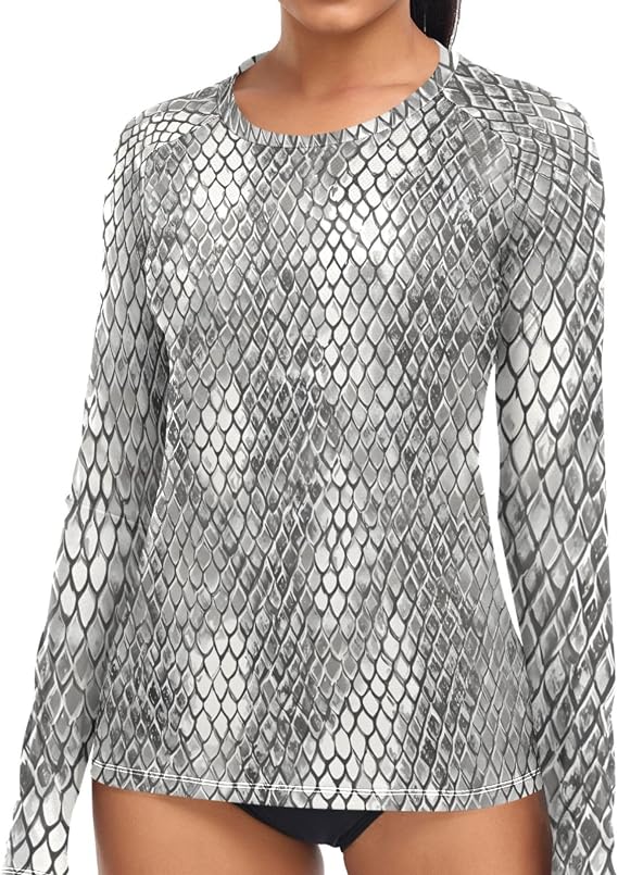 Women Rash Guard Swim Shirts UPF 50+ Long Sleeve Silver Black Snakeskin Pattern Sun Protection Swim Shirts Swimsuit