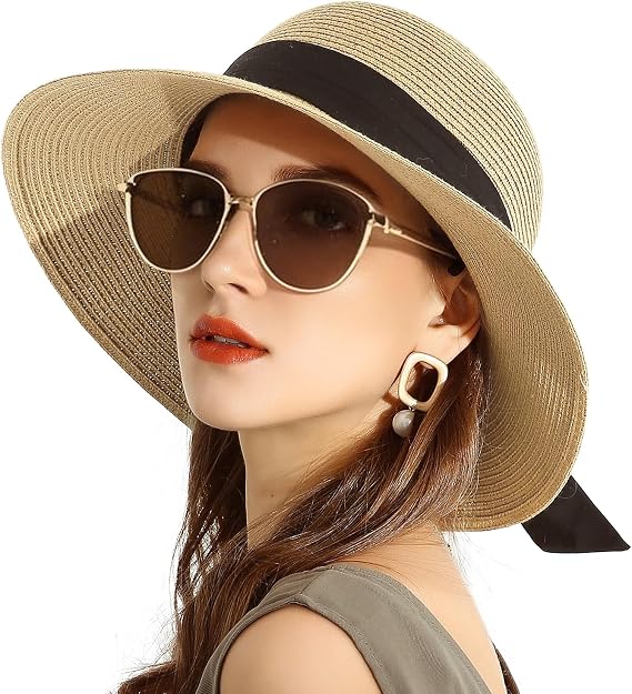Womens Straw Sun Hats Wide Brim Foldable Beach Hats UV UPF 50+ Summer Sun Travel Hat for Women