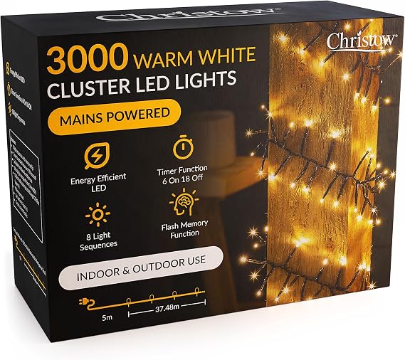 CHRISTOW Christmas Cluster Lights, 3000 LEDs, 37.48m Lit Length, Warm White [Energy Class G]