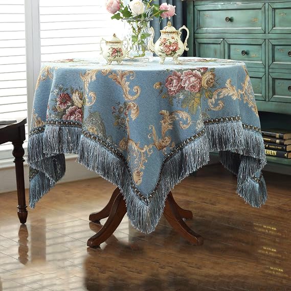 Round Chenille Table Cloth Fringed Lace Tablecloths Washable, Table Cover for Kitchen Dinning Party,vintage Style,Blue-Diameter140cm/55inch