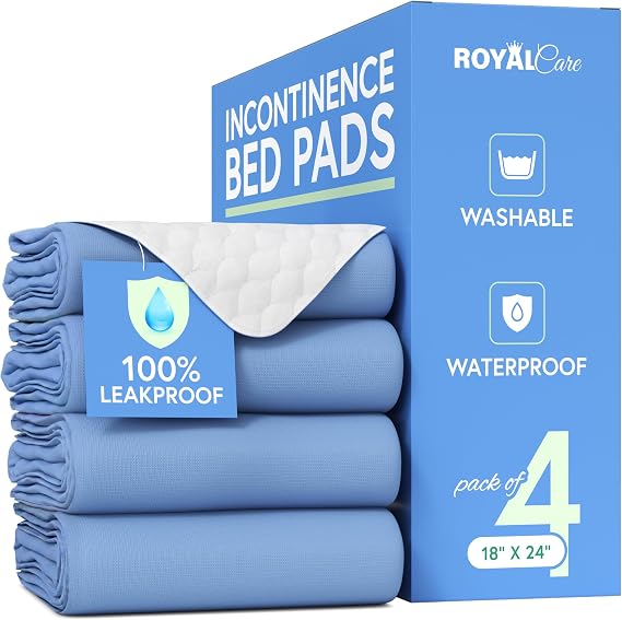 Incontinence Bed Pads - 18x24 | Cotton Blend | Washable Bed Pads for Adults, Children, Pets and Seniors Waterproof | Pack of 4, Blue, by Royal Care