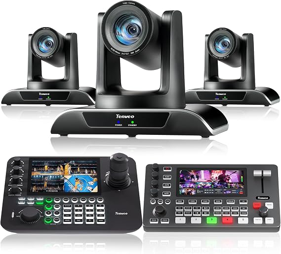 Tenveo PTZ Camera Bundle/Kits - 20X AI Auto-Tracking PTZ Camera(3pcs) with HDMI/USB3.0/LAN(PoE), NDI PTZ Joystick Controller and 4K HDMI + SDI Video Switcher Mixer for Church Worship Large Events