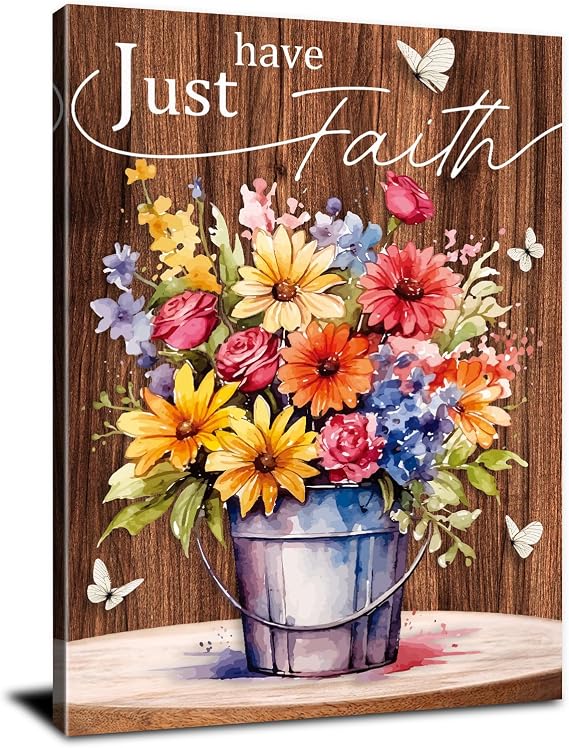 Country Inspirational Quotes Wall Art Flower Prints Artwork Farmhouse Daisy Sunflower Window Wall Decor Rustic Just Have Faith Canvas Painting Home Decorations for Bathroom Bedroom Living Room 16x24"