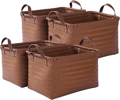 VZFXRD 15x10x9 Woven Laundry Basket Hamper, Storage Basket for Clothes Blankets, 4-Pack Wicker Bin for Closet Shelves Bedroom Bathroom, Brown