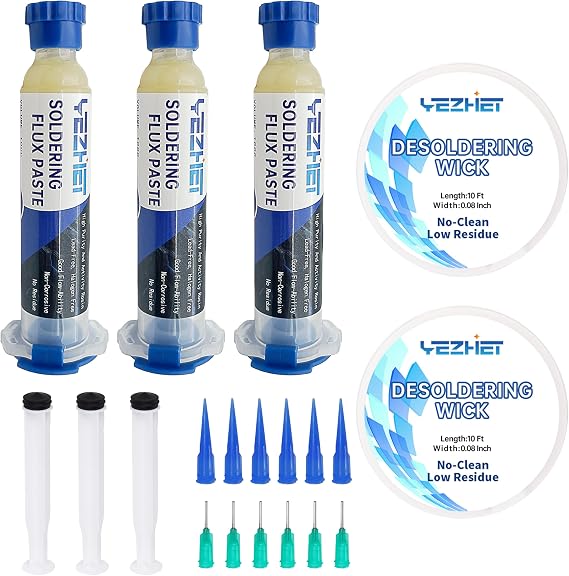 No Clean Soldering Flux & Solder Wick for Electronics Repair, Lead-Free Rosin Soldering Flux (10CC) X3Pack, Deaoldering wick, Solder Remove kit