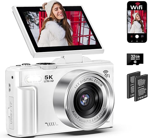 5K Digital Camera for Photography - 75MP WiFi Vlogging Camera for YouTube - UHD 18X Zoom Digital Cameras with Flip Screen 3" 180 - Travel Photography Flash Camara for Beginners & Adults