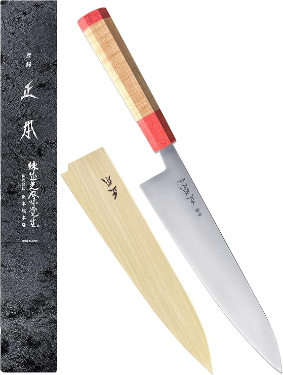 MASAMOTO KS Japanese Gyuto Chef's Knife with Sheath 9.5" (240mm) Made in JAPAN, Professional Kitchen Chef Knife, Ultra Sharp Japanese Carbon Steel Blade, Octagonal Maple Wood Handle, Pink