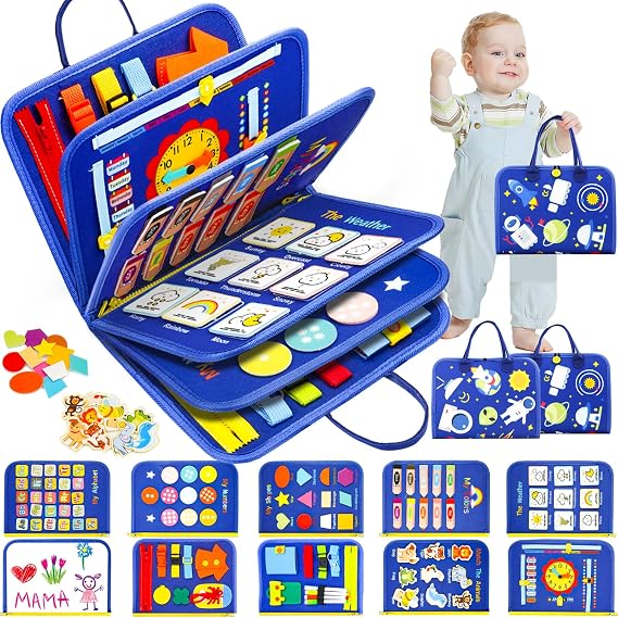 SaFeli Busy Board, Montessori Toys for Boys, Sensory Board Birthday Gifts - Educational Busy Book, Learning Toys, Preschool Learning Activities and Travel Toys for Airplane Car, Blue