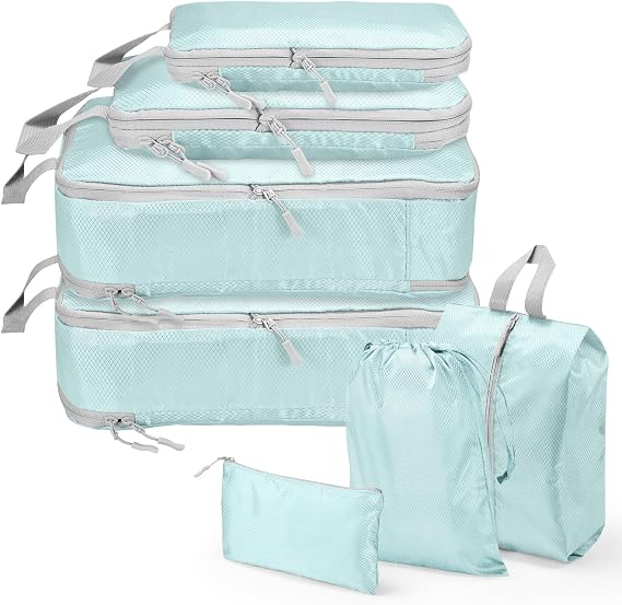 Compression Packing Cubes, Travel Storage Bag Set - Organizer Bags for Suitcase & Carry On Luggage (Blue, 7 Pieces)