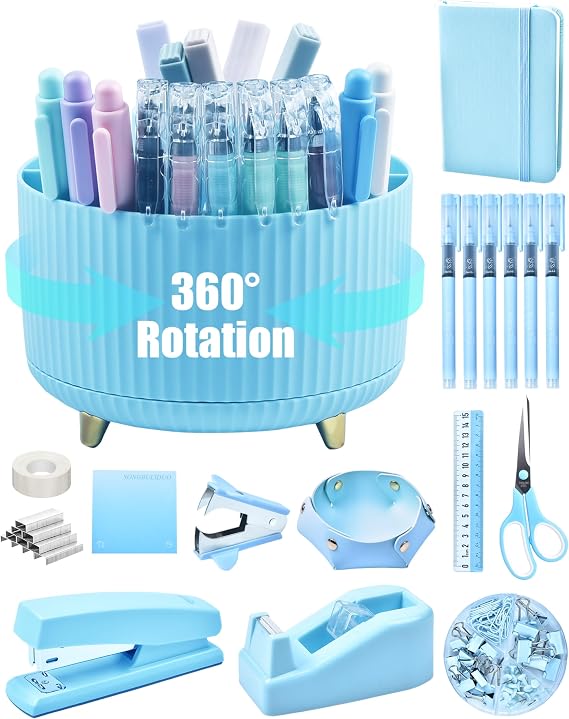 Blue Desk Accessories, 20Pc Office Supplies and 360Pen Holder Desk Organizers, with Tape Dispenser, Stapler, Staple Remover, Ect, Let the Color Blue Fill Your Desktop