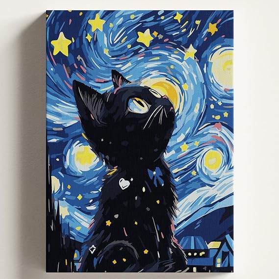 Sayılarla Boyama Tuval Hobi Seti, YILDIZLI KEDİ Temalı Fırça ve Boya Dahil Set (Çıtalı) 40x50 CM, Kendin Yap Sayılarla Tuval Boya Kiti (KASNAKLI)