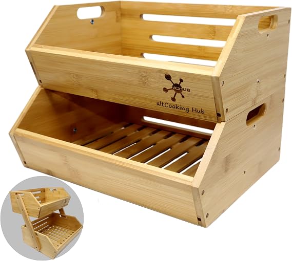 Bamboo Open-Front Stacking Storage Bin -Configurable as 2-Tier Fruit Basket