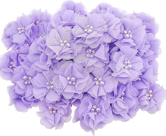 DonLeeving 30 PCS Rhinestone Pearl Purple Chiffon Flower Sewing Fabric Appliques for Clothing, Headbands Flower, Crafts, Party Decoration, Sewing Applique
