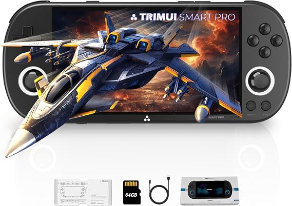 Trimui Smart Pro ハンドヘルドゲームコンソール、レトロ手持ちビデオゲーム機、5インチスクリーンポータブル充電式Linuxシステム、10000以上のゲームがプリインストール、ブラック 64GB
