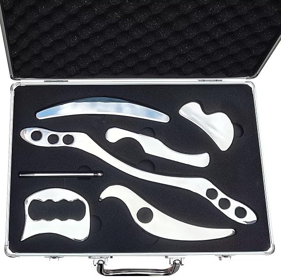 AnTixei Muscle Scraper Stainless Steel Gua Sha Scraping Massage Tool Set(7pcs) - IASTM Tool Set- Great Soft Tissue Mobilization Tool Physical Therapy (Carry case)