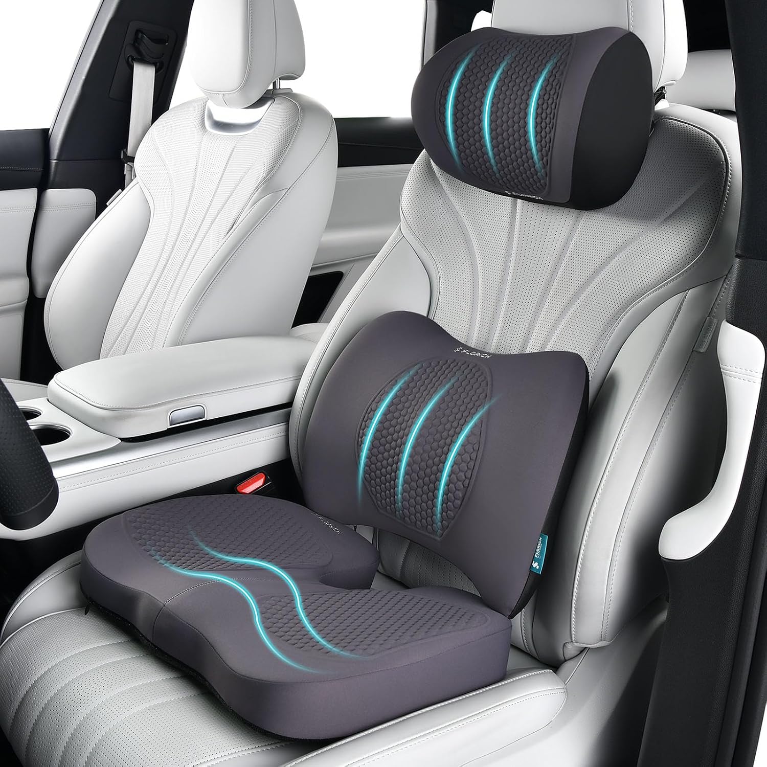 FLORICH 3 PCS Seat Cushion for Carseat Lumbar Support Pillow Car Neck Headrest Pillows Memory Foam Gel Memory Foam Massage Point Seat Pads Pressure Relief Back Cushion for Office ChairGrey