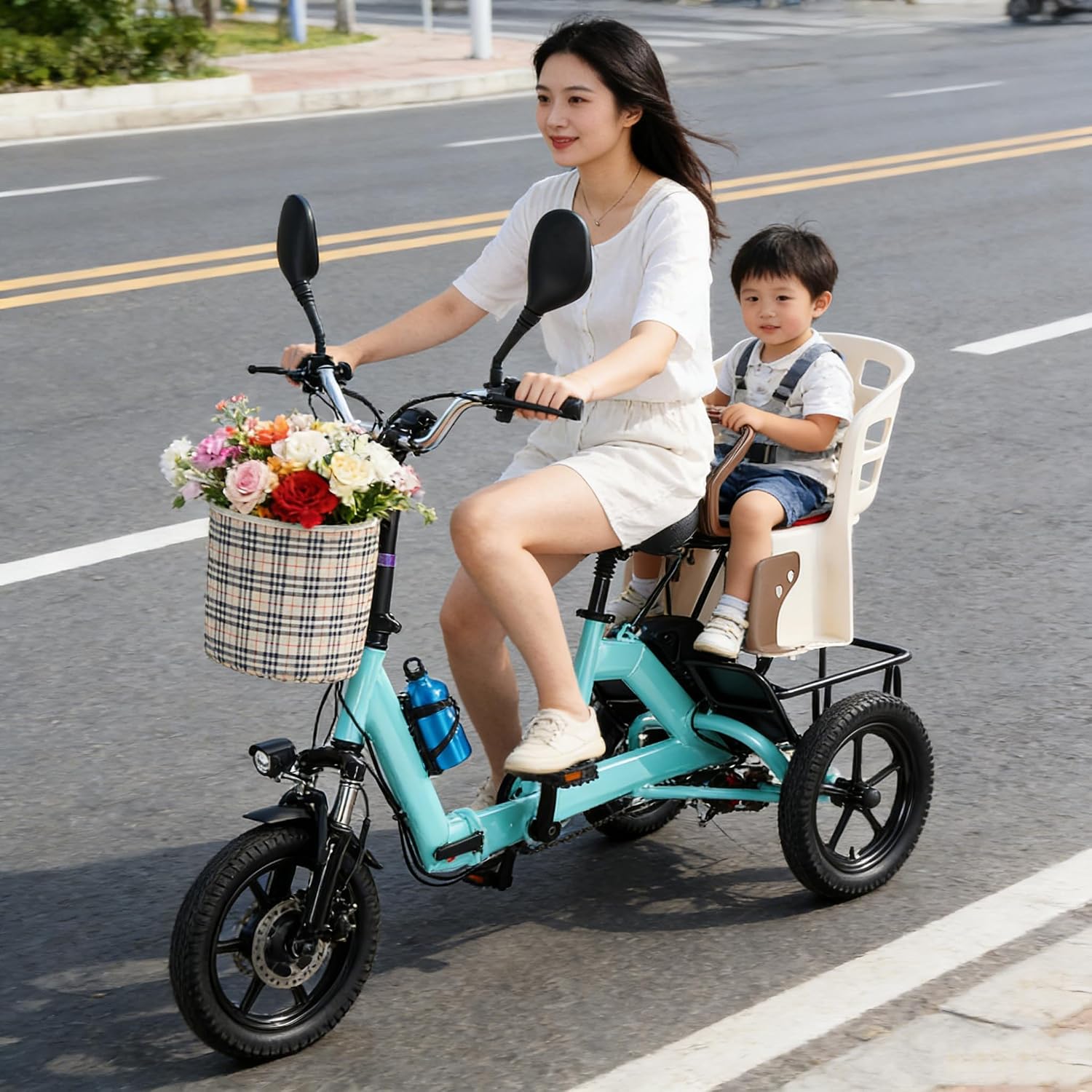 14" Electric Bicycle, Foldable Pedal Tricycle with Cargo Basket, Three Wheel Power-Assisted Trike, Easy to Climb, Applicable Height 155-180cm, Max Load Capacity: 180kg Blue