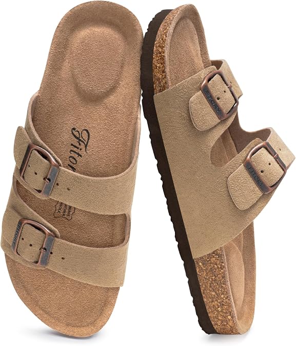 FITORY Women's Flat Sandals, Cork Footbed Slides Size 4-9 UK