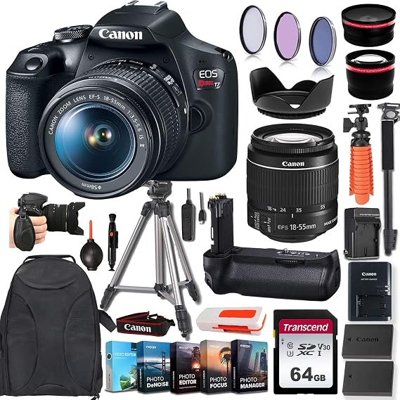 Canon EOS Rebel T7 DSLR Camera & 18-55mm is II Lens + Essential Carry-Around Accessory Bundle (incl. Battery Grip w/Extra Battery, Grip Strap, 64GB Memory Card, Tripods, Monopod, Backpack and More..)
