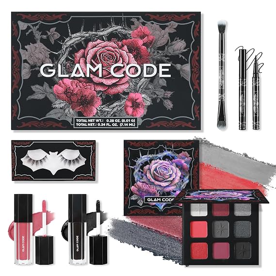 Glam Code Makeup Set with Red Eyeshadow, Lipgloss, Eyeliner, Faux Eyelashes
