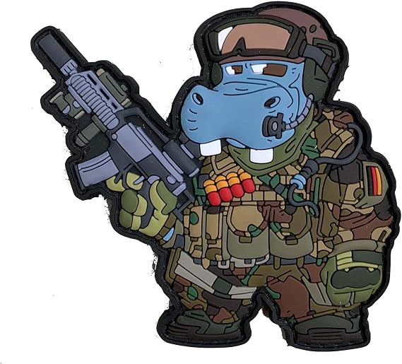 Bundeswehr Hippo Patch Veteran Soldier PVC Rubber Morale, Hook & Loop Attachment for Backpacks | for Army, Police, Patriot, 2nd Amendment Enthusiasts, Military Suit & Gun, 2.99x2.63in