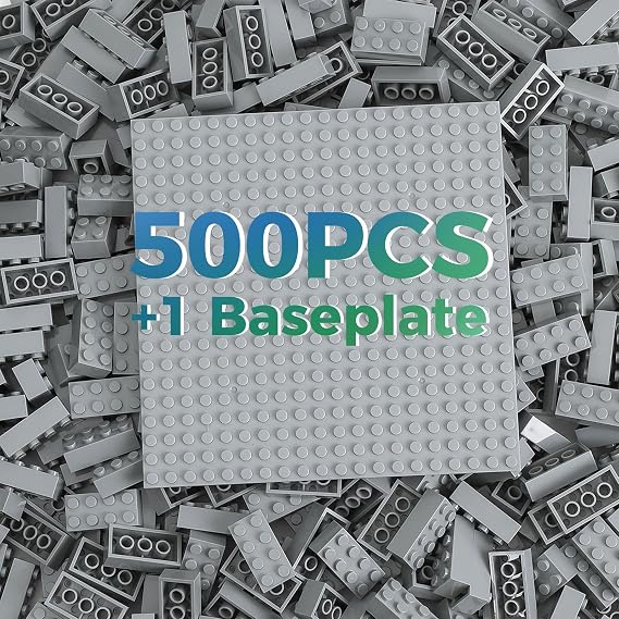 HUIZDQ 2X4 500 Pieces Building Bricks, Classic Bulk Small Blocks, Classic Building Bricks Set Basic Building Blocks Compatible with All Major Brands(Light Grey)