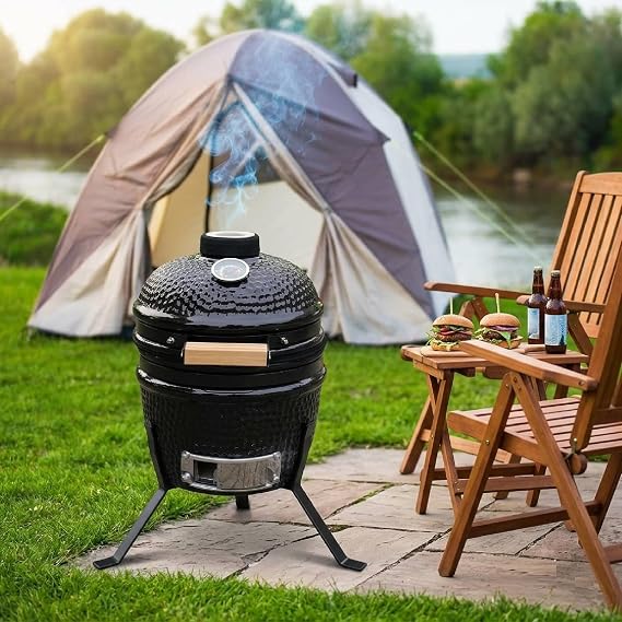 Alivio 13" Ceramic Kamado BBQ Grill & Smoker, Portable Mini Egg Charcoal Grill Oven with Stand, Built-In Thermometer & Heat Control Vents for Outdoor Cooking, Garden, Patio, Camping