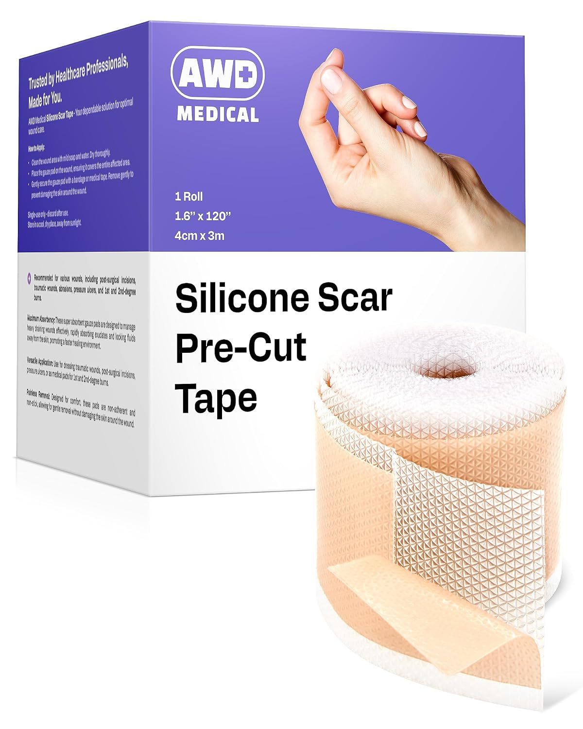 AWD Silicone Scar Sheets for Surgical Scars - Pre-Cut Medical Grade Silicone Scar Tape for C Section, Tummy Tuck Tape - Silicone Skin Patches After Surgery Must Haves 1.6 x 120 Pre-Cut Roll