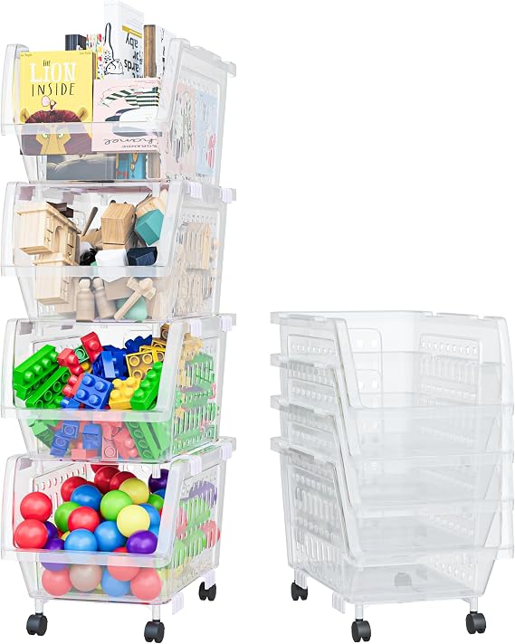 Small Stackable Storage Bins Open Front with Wheels, 4 Pack - Clear