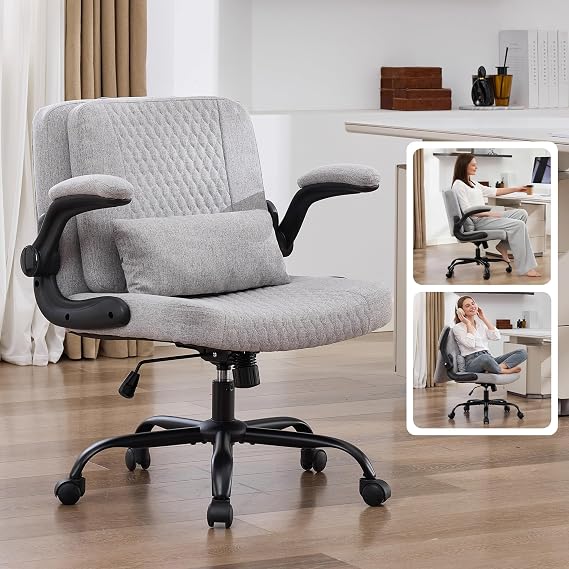 IPKIG Criss Cross Chair with Flip Backrest, Desk Chair with Flip Up Arms, Ergonomic Cross Legged Office Chair with Wheels, Adjustable Height Swivel Vanity Chair, Fabric, Grey