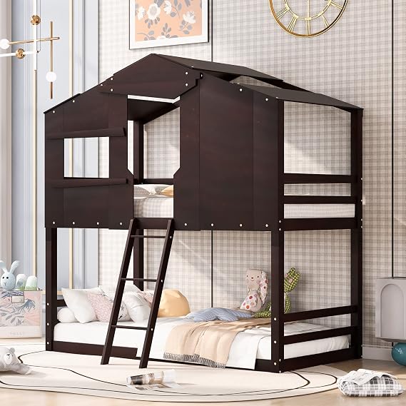 Twin Over Twin Bunk Beds for Kids Toddlers, Wood House Bunk Bed with Ladder, Converts into 2 Separate Platform Beds (Espresso/B!)