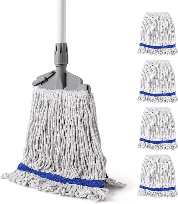 Eyliden Looped-End String Mop with 5 Reusable Heads, Adjustable Long Handle Cotton Mops for Floor Cleaning, Industrial Commercial Mop for All Surfaces, Hardwood Kitchen Bathroom Home School