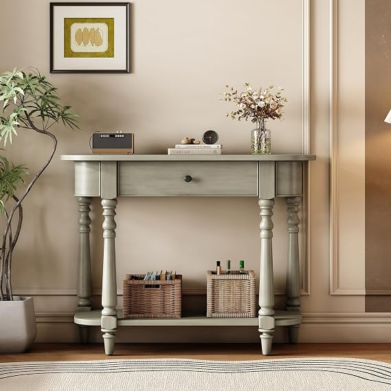 Retro Curved Console Table Entryway Table Narrow Sofa Table End Side Table