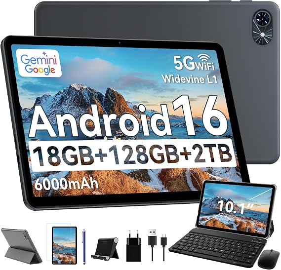 Tablet 2026 Android 16 Tablets, 10.1 Inch Tablet with HD Display, 18GB RAM 128GB ROM /2TB TF, Gemini AI 2.0, Daul Speaker and Cameras, 6000mAh, Widevine L1, 2 in 1 Tablets with Keyboard Mouse Stylus